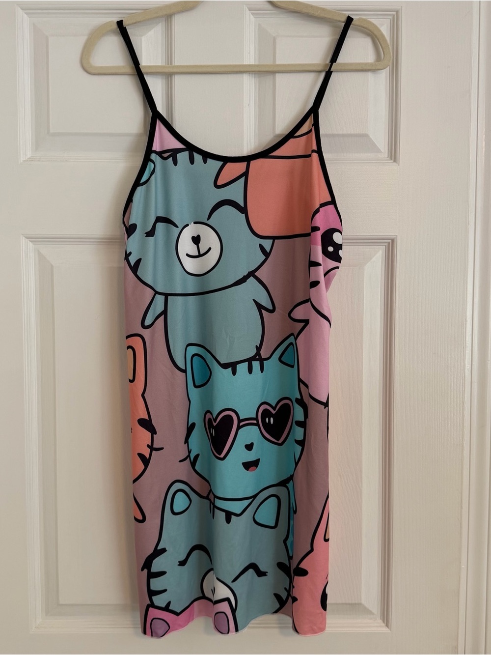 Cute Cartoon Cat Print Cami Nightgown Women’s Sleep Dress Pink Blue Lounge XL